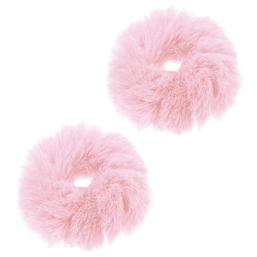 PEOVLVN 2 Pcs Pink Scrunchies, Pom Pom Hair Ties Fuzzy Scrunchies