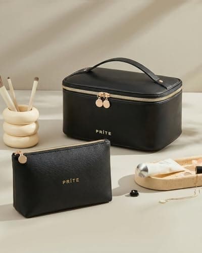 Prite Makeup Bag Toiletry Case for Women with Brush Holder, Black, 2Pcs Set — view 4