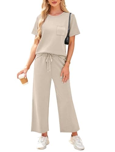 WIHOLL 2 Piece outfits Women fashion lounge wear sets for women uk Casual Summer Travel Vacation Outfits Short Sleeve Wide Pants Beige L — view 3