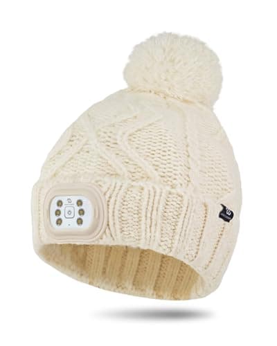 BERGWEISER Kids LED Beanie with Light, 3 Modes Headlamp Beanie Hat, Rechargable Removable USB, Gift, Cream Cable, One size