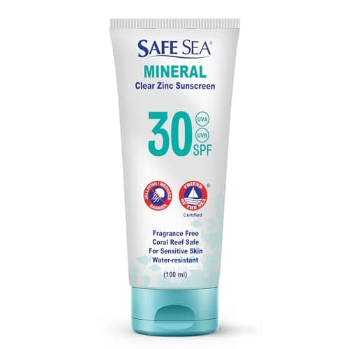 Safe Sea Zinc Oxide Sunscreen SPF30 | Clear Mineral Face And Body Sunscreen Without White Cast | Anti-Jellyfish Sting Protective Lotion | Travel Size - 100ml