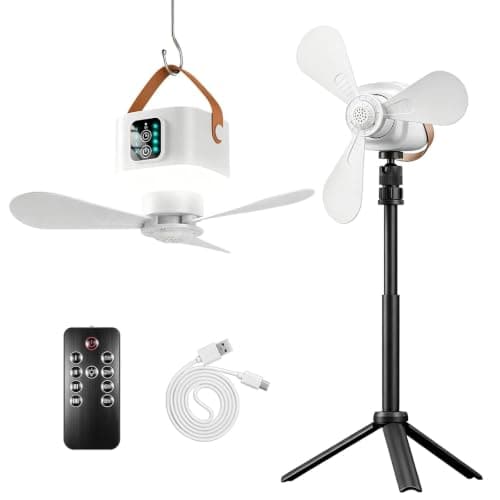 Portable Camping Fan with Adjustable Stand, 7200 mAh Tent Fans, LED Light