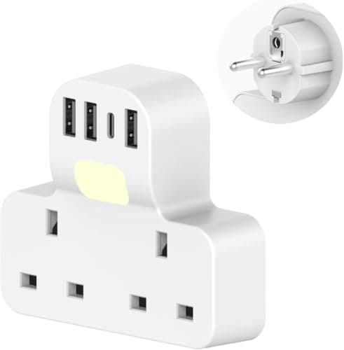 UK to European Plug Adapter with 4 USB,2 Way Grounded UK to EU Plug Adapter