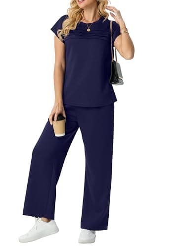 GRECERELLE Two Piece Outfits Women Summer Travel Vacation Tracksuit Womens Full Set Short Sleeve Casual Crew Neck Cap Sleeve Front Plisse Matching Sets Wide Leg Pants (Navy Blue, L)
