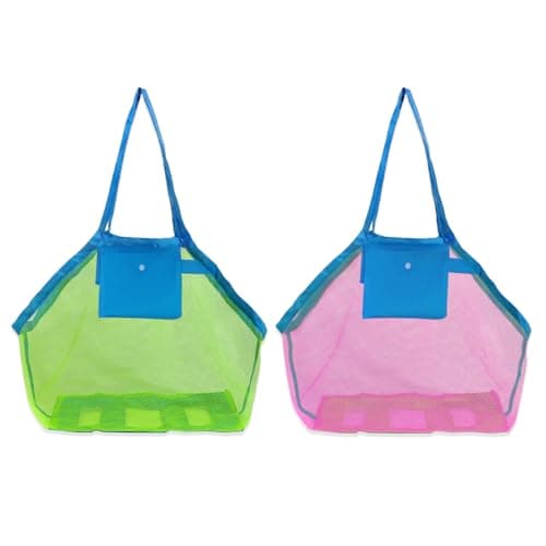 JSTHHTT 2 Pcs Large Mesh Beach Bags, Extra Large Mesh Tote Bags with Pocket, Sandproof, Breathable, Adults Beach Bags for Women, Kids, Unisex, Green, Pink, Multicolour, 45cm x 30cm x 45cm