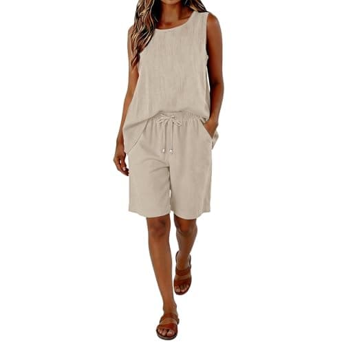 EMUKFD Holiday Co Ord Sets for Women Cotton Linen Sleeveless Vest Tops Wide Leg Shorts 2 Piece Loungewear Beach Travel Airport Leisure Suits Holiday Clothes Festival Outfit Homewear Pyjamas Set — view 5