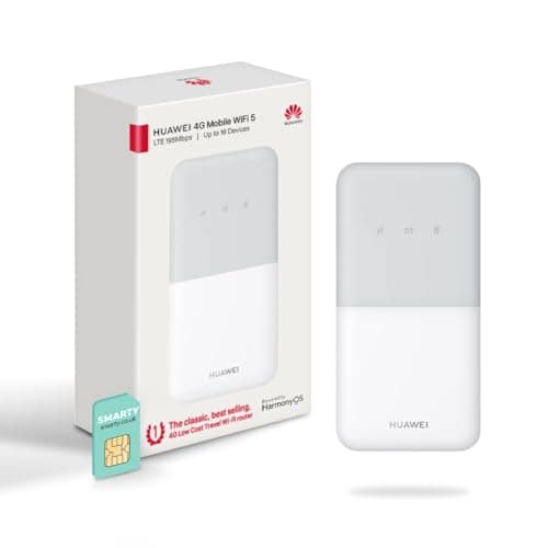 Huawei E5586, CAT 4, Portable 4G Low Cost Travel Wi-Fi, Roams on all World Networks, Genuine UK Warranty Stock, with FREE SMARTY SIM- White