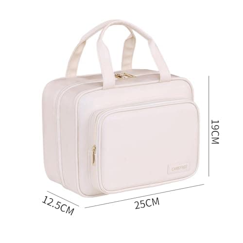 Yuexitech Hanging Travel Toiletry Bag, Waterproof PU Leather Cosmetic Organizer, Large Capacity Wash Bag for Women, Multi-Compartment Travel Wash Bags with Hook, Creamy Beige — view 2