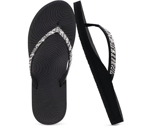 KuaiLu Women's Rhinestone Flip Flops Arch Support Yoga Mat Cushion Sandals