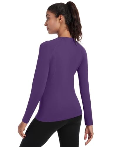 Runhit Thermal Tops Womens Long Sleeve Fleece Lined Compression Shirt Soft Warm Base Layer Moisture Wicking Sports Underwear for Ski, Running Gym Workout Dark Purple L — view 2