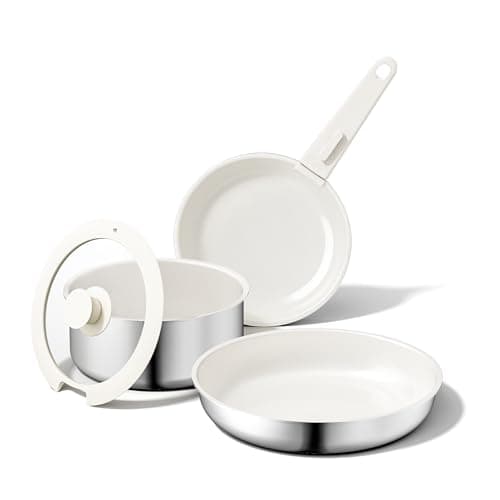 naturepan 5 PCS Ceramic Cookware Set, Stainless Steel Exterior Pots and Pans Set Non Stick, 10x More Durable Super Ceramic Coating, for Induction Hob Pan Set (Beige White)