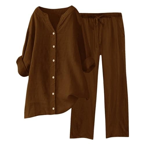 EMUKFD Co Ords Sets for Women Uk Linen 2 Piece Outfit Airport Travel Lightweight Co Ord Sets Summer Loungewear Solid Long Sleeve Button Up Shirts Wide Leg Trousers Leisure Beach Set Yoga Jogging Suit