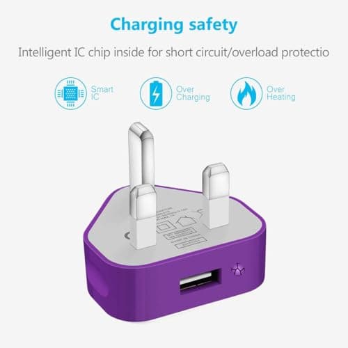 AMO® USB Plug UK Charger Adaptor Compatible with iOSiPhone 14 13 12 11 XS Max XS XR X Samsung Galaxy S22/ S22 Ultra/ S21 Ultra/S21/S21 LG Tablet HTC Nokia Mobile Chargers (Purple 1Amp) — view 4