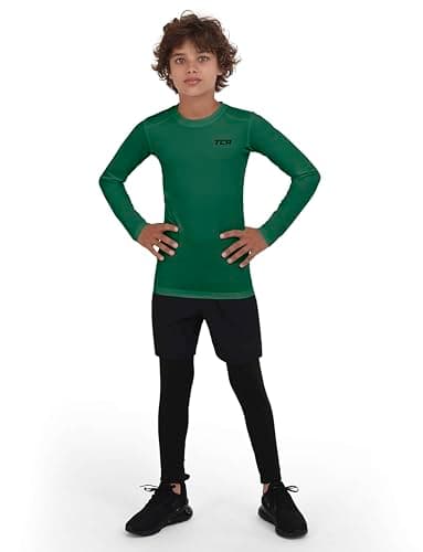 TCA Boys' HyperFusion Compression Base Layer Top Long Sleeve Under Shirt - Crew Neck - Cadmium Green, 8-10 Years — view 2