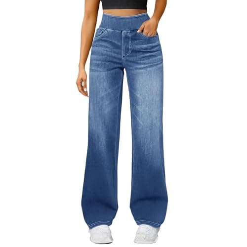 Thermal Leggings Women,Jeans for Women UK Wide Leg Trousers Womens Denim Pants Ladies Pull On Stretchy Elasticated Waist Jeans Baggy Trousers Travel Pants Work Trouser Fashion Clothing for Daily Wear