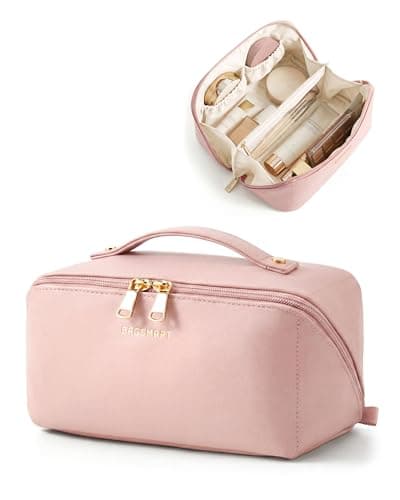 BAGSMART Large Travel Makeup Cosmetic Bag, Lay Flat, Clear Brush Pocket