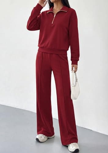 PRETTYGARDEN Womens 2 Piece Workout Sets 2026 Fall Half Zip Pullover Sweatshirt Sweatpants Matching Travel Outfits Sweatsuits, Burgundy, Medium — view 3