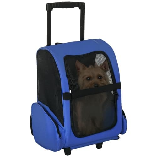 PawHut Pet Travel Backpack Bag Cat Puppy Dog Carrier w/ Trolley and Telescopic Handle Portable Stroller Wheel Luggage Bag (Blue)