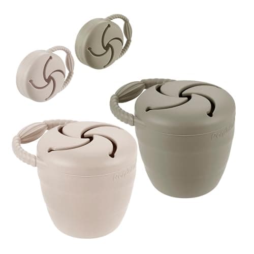 PandaEar 2 Pack Toddler Snack Pots, Collapsible Silicone Baby Snack Pots Cups, Spill Proof Toddler Snack Box Storage Container Food Catcher, Light Tan/Walnut