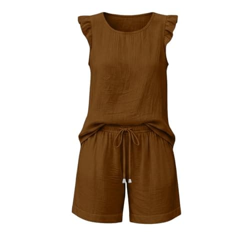 Festival Co Ord Linen Shorts Co Ord Sets for Women Summer 2 Piece Airport Travel Outfits Sleeveless Ruffle Vest Tops Bermuda Shorts Plus Size Loungewear Tracksuit Full Set Leisure Suits Streetwear — view 6
