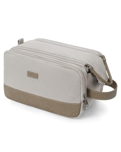 WANDF Toiletry Bag for Men Travel Wash Bag Toiletry Organizer Canvas and PU Leather Dopp Kit Water-Resistant Shaving Kit for Travel Accessories (Cream Beige, Patent Pending)