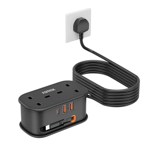 Travel Extension Lead, FDTEK 2 Way Power Strip with Retractable USB C Cable and 3 USB Slots, Small UK Extension Socket with 1.5M Cable for Travel Home Office Camping Cruise