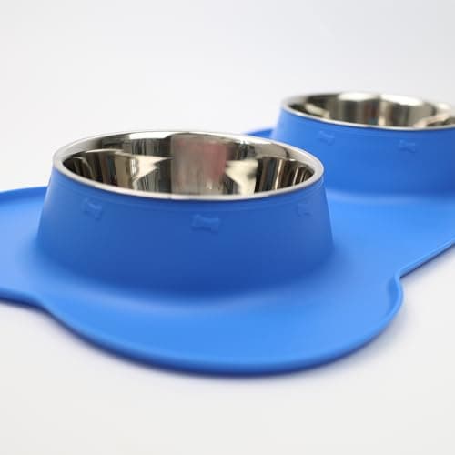 DIVCHI Dog Bowls, Stainless Steel Double Bowl Set for Cats & Dogs, Non-Slip Silicone Mat, Food & Water Feeding Bowls for Puppies, Small Medium Dogs & Kittens (Blue, L) — view 6