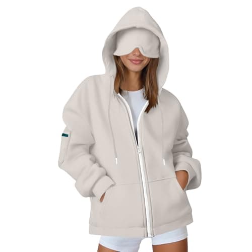 Womens Travel Hoodies with Eye Mask Built in Oversized Airplane Hoodie Secret Pockets Pullover Zip Up Hooded Sweatshirt Autumn Winter Thermal Fleece Jackets Tops UK Size