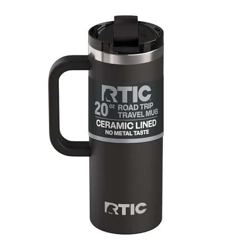 RTIC 20oz Road Trip Travel Mug with Lid and Handle, Ceramic Lined, Insulated, Stainless Steel, Metal, Double Wall Vacuum-Insulation, Portable Coffee, Tea Cup for Hot and Cold Drink, Black