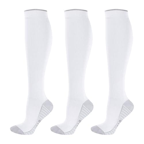 YUEDGE Womens Compression Athletic Running Sokcs for Women Size 4-7, White Travel Flight Socks Graduated Compression Stockings for Sports Cycling Fitness, 3 Pairs