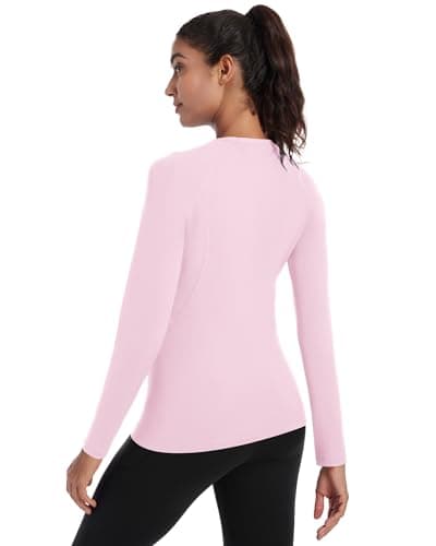 Runhit Thermal Tops Womens Long Sleeve Fleece Lined Compression Shirt Soft Warm Base Layer Moisture Wicking Sports Underwear for Ski, Running Gym Workout Light Pink M — view 2