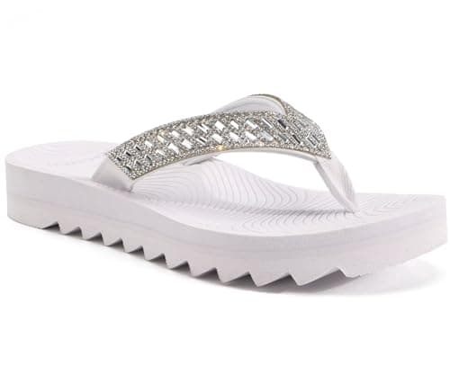 KuaiLu Womens Orthotic Flip Flops with Arch Support Yoga Mat Cushion Fashion Rhinestone Sandals Summer Walking Beach Travel Thong Slides Comfy Plantar Fasciitis Outdoor Sandle Silver White 5