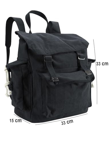 Vintage Canvas Backpack Webbing Rucksack 100% Cotton Army Style Satchel with Side Pockets - Work Travel School Bag - Black — view 3