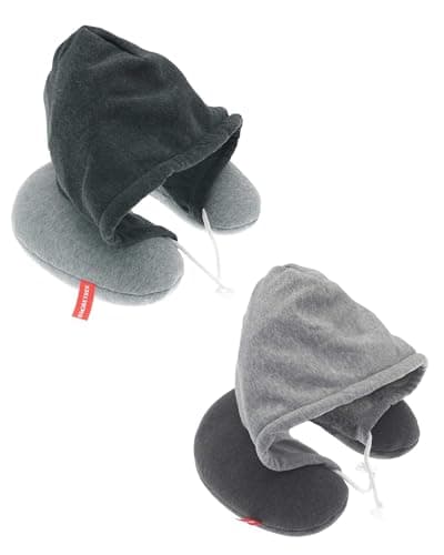 2-in-1 Hooded Travel Neck Pillow, Memory Foam U-Shaped Cushion with Hood, Grey and Dark Grey — view 2