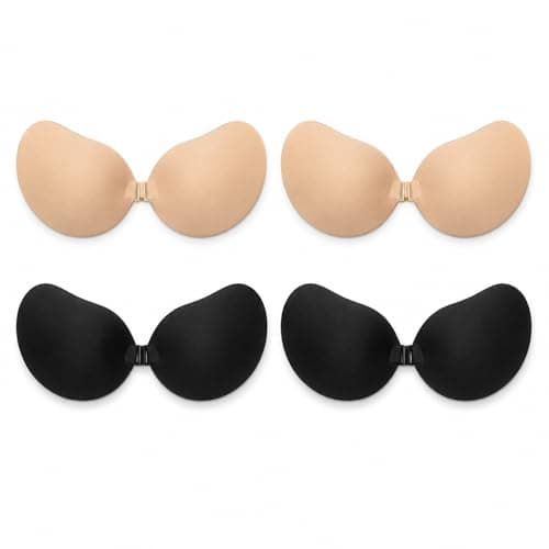 GEEKPC 4 Pcs Strapless Push Up Adhesive Bra with Front Clasp, 3D Cups, Reusable Silicone Invisible Bras for Backless Dresses, Weddings, Parties & Travel (2 Black D + 2 Nude D)