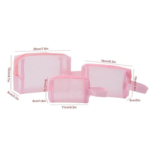 Mesh Makeup Bags With Zipper Portable Travel Accessories Set Of 3, pink — view 5