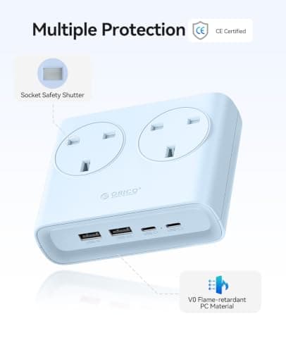 ORICO Flat Extension Lead with USB Slots, 2 Way Socket Outlets with 4 USB Ports(2 USB C & 2 USB A), 1.6m Extension Cord, Desk Power Strip for Travel, Office, Home (Blue) — view 4