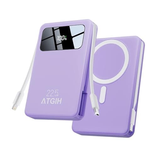 ATGIH 10000mAh Magnetic Wireless Power Bank, 5-in-1 Portable Charger with 2 Built-in Cables, 22.5W PD Fast Charging Magnetic Battery Pack for iPhone 17/16/15/14/13/12 and All Series，Purple