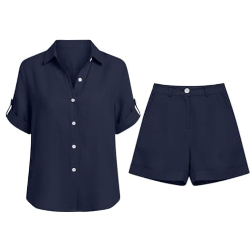 Ladies Co Ords Outfits UK Cotton Linen Co Ord Sets for Women Shorts Coord Sets Travel Outfit Airport Set Summer Short Sleeve Button Down Blouses and Shorts Casual Loose Lounge Wear Set Leisure Suits — view 4