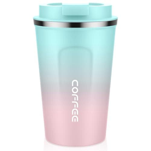MOMSIV Coffee Cup, 380ml Vacuum Reusable Leakproof Double Wall Coffee Cup, Insulation Stainless Steel Eco-Friendly Travel Office Mug for Hot Coffee Tea and Cold Drinks, Green-Pink