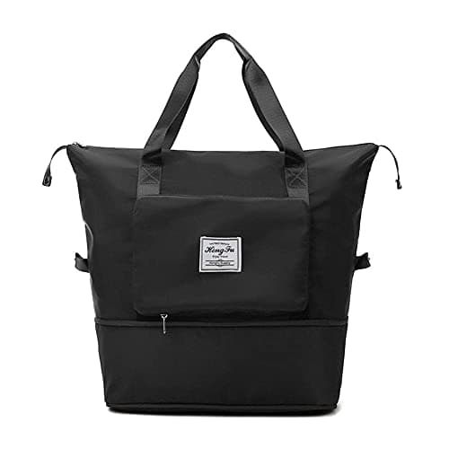 Large Capacity Folding Travel Bag, Expandable Travel Duffel Bag with Wet Pocket & Shoes Compartment, Large Weekend Overnight Bag for Women Carry On Gym Tote Bag (Black)