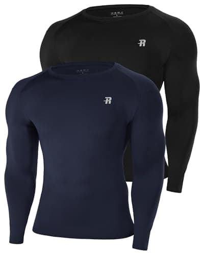 Runhit Men's Compression Long Sleeve Top, 2 Pack Thermal Base Layer Shirts Breathable Undershirt for Cycling Football Outdoor Sports Black+Navy Blue L