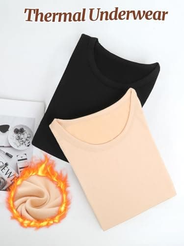 Monbessi Women's Thermal Tops Scoop Neck Ladies Long Sleeve Thermal Vests Thermal Underwear Warm Wicking Thermal Base Layers(L, Beige) — view 5