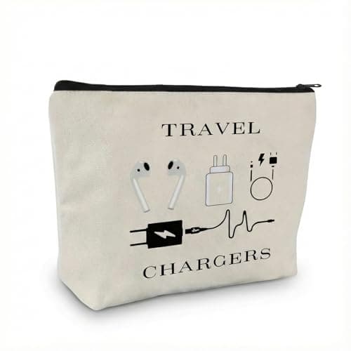 Cable Organiser Bag, Cream Canvas Electronics Pouch With Black Zip, 1-Pack