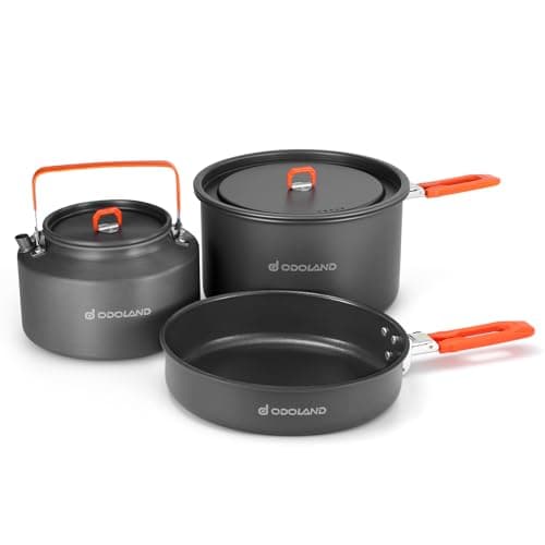 Odoland Camping Outdoor Cookware Mess Kit, Portable Camping Cooking Pot Frypan with Kettle Mesh Bag for Camping, Backpacking, Outdoor Cooking and Picnic 2.4L
