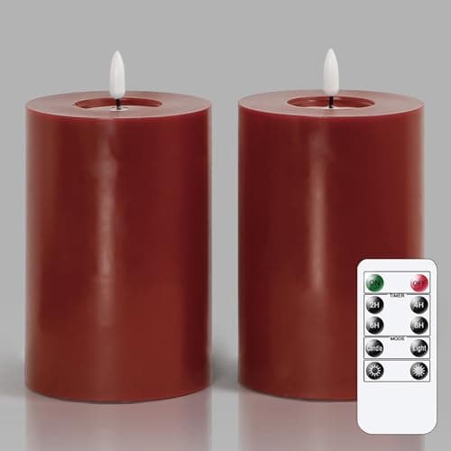 Zevanor Flameless Flickering 10cm x15cm Real Wax Burgundy Remote LED Candles with Candle Grease, Pack of 2 Timer Battery Operated Fake Warm Light Pillar for Home, Banquet, Ceremony Decoration