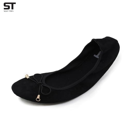 Silky Toes Women’s Foldable Ballet Flats - Portable Roll-Up Slippers for Purse, Travel, or Events - Comfortable Ballerina Shoes, AAAA Suede Black, Small — view 3