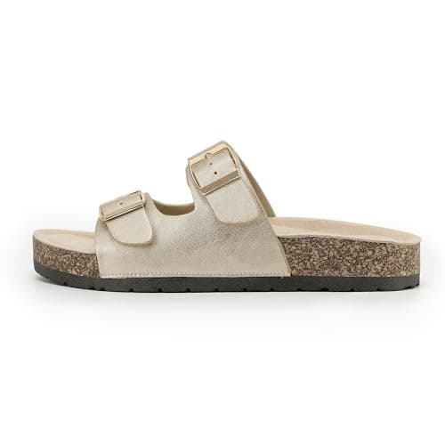 VIVASHOES Women’s Double Buckle Cork Footbed Sandals - Adjustable Flat Slide Sandals for Ladies - Comfortable Open Toe Summer Slippers - Gold Metallic UK 6 — view 3