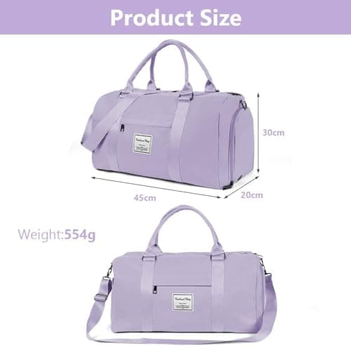 Flintronic Gym Bag, Foldable Travel Duffel Bag for Women, Waterproof Overnight Carry On Bag, Sports Bag with Shoes Compartment and Wet Pocket, Large Holdall Bag for Sports and Travel, Light Purple — view 2