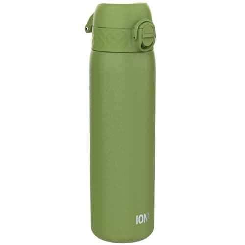 Ion8 Lightweight Steel Water Bottle, 600 ml/20 oz, Non-Insulated, Leak Proof, Easy to Open, Secure Lock, Dishwasher Safe, Flip Cover, Fits Cup Holders, Carry Handle, Metal Water Bottle, Khaki Green